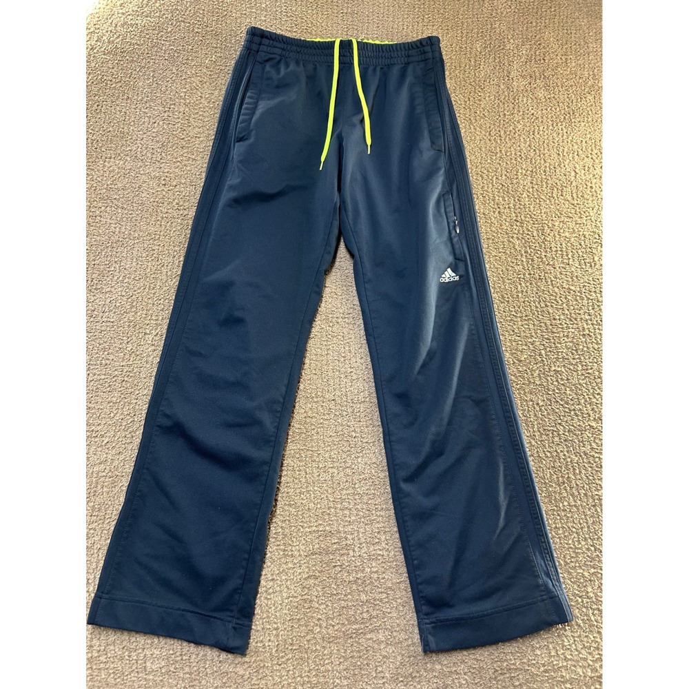 Adidas Mens Track Pants Navy Blue Neon Yellow Stripe Zipper Pockets Small